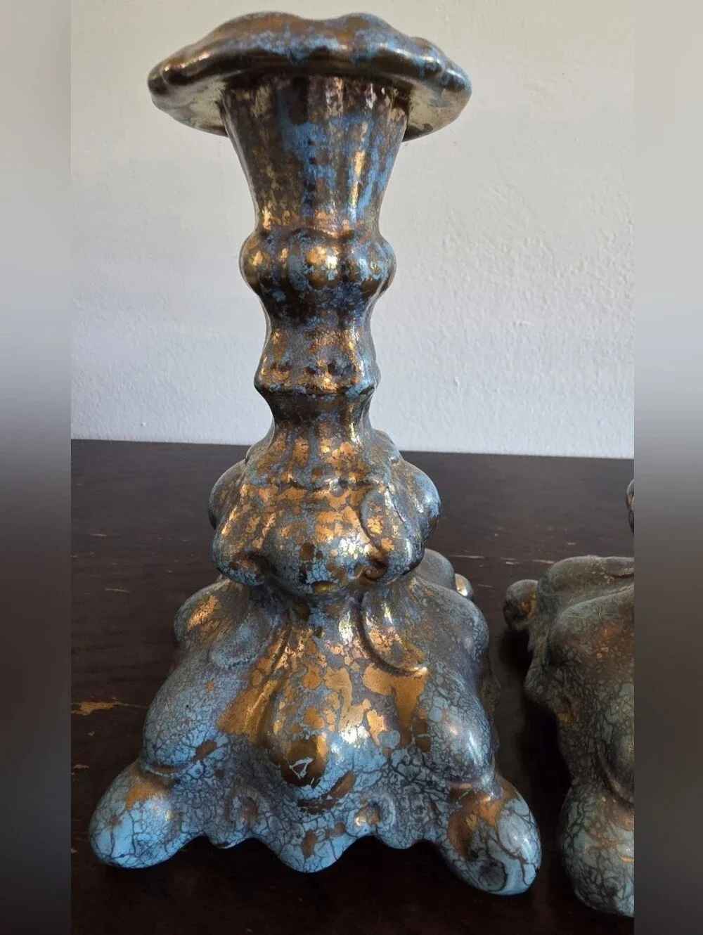 Home Accents Blue and Gold Distressed Ceramic Candlestick Pair